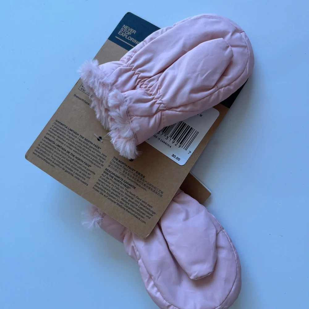 NWT The North Face Kids Pink Puffy Mittens with Faux-Fur Trim